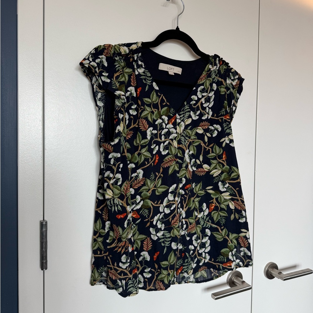 LOFT Navy Blouse with Floral Accents